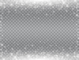 Shining snow border. Snow falling on transparent background. Merry Christmas card. Magic snowfall. Winter design elements for card, poster, web banner. Vector illustration