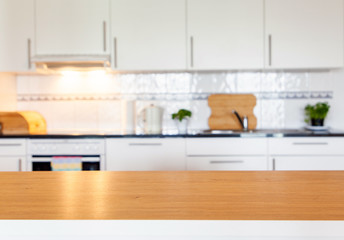 blurred kitchen interior with desk space