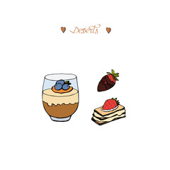 Set of hand drawn desserts with berries isolated on white background.