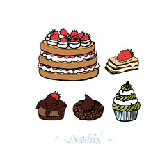 Set of desserts shortcake, cakes and mille feuille with srawberry isolated on white background. Hand drawn illustration.