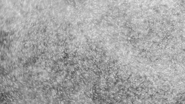 Blizzard of White Particles. Small white particles flow in the air on a black background to simulate snow, blizzard, or a microcosm of the Christmas magic. Filmed at a speed of 120fps
