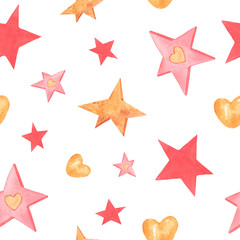 Seamless watercolor pattern with stars and hearts. Great for decorating holidays, scrapbook paper, textiles, cards, bedding, wallpaper and any design.