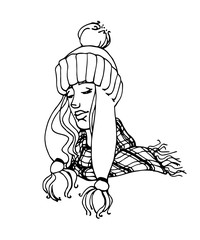 head of cute blonde girl in Scandinavian winter knitted  hat and plaid scarf, vector illustration with black contour lines isolated on white background in hand drawn style