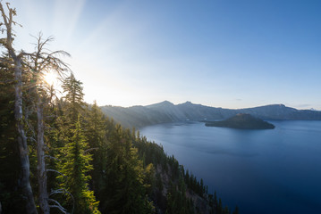 Sunshine from Rim Village Overlook of Crater Lake and Wizard Island