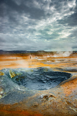 Martian landscape at Hverir, geothermal active zone near Myvatn lake in Iceland, summer, dramatic scenery