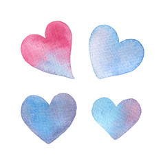 Set of blue and pink watercolor hearts isolated on a white background. Hand drawn illustration for Valentine's Day decoration
