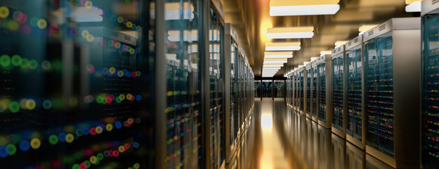 Server room data center. Backup, mining, hosting, mainframe, farm and computer rack with storage information. 3d render - obrazy, fototapety, plakaty