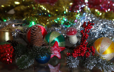 New Year, Christmas colorful ornaments, lights.