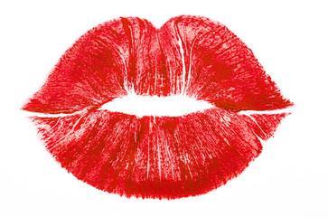 Imprint or print of red lipstick on a white background, isolated. Makeup female lips close up. Concept of love, makeup and beauty. Sexy red lips on white, kiss. Trace of lipstick. - obrazy, fototapety, plakaty