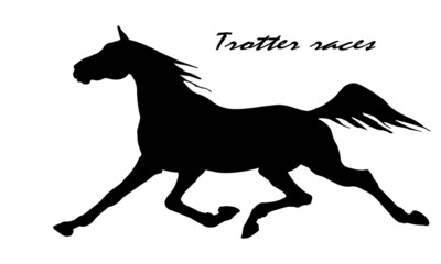 black silhouette of a running horse, isolated on white background, running on a racetrack