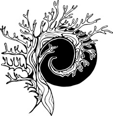 Illustration of a tree that spirals in the background of the sun or moon.