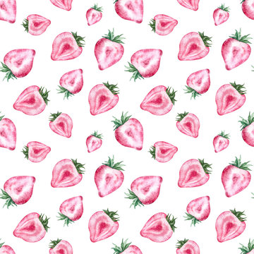 Strawberry pattern with white background. Watercolor summer illustration. Heart-shaped berries.