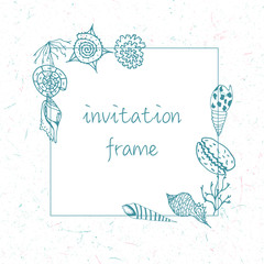 Invitation frame for wedding, party, banners; room decoration illustration.Vector pattern with seashells and seaweed. wild nature. 