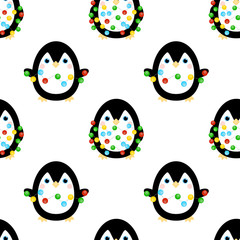 This is seamless pattern texture of penguin and Christmas garlands on white background. Wrapping paper.