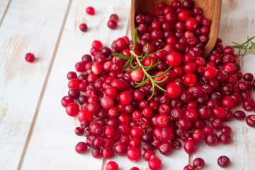 fresh cranberry in a wooden bowl on rustic shabby table