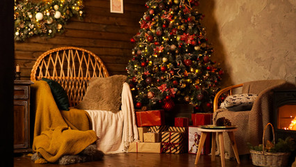 Beautiful holiday decorated room with Christmas tree. Led lighting, cozy home scene. Nobody there.
