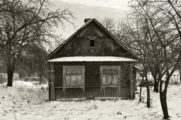 Old village is half abandoned, russian culture, Wooden ancient architecture, old village in Belarus, abandoned Chernobyl.