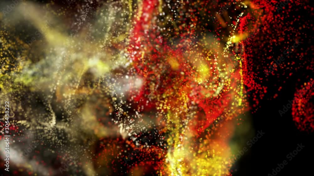 Poster red-orange particles move on a black background. abstract animation. 3d render