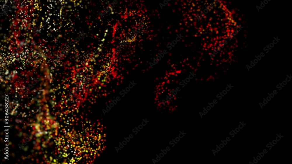 Poster red-orange particles move on a black background. abstract animation. 3d render