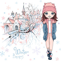 Vector Cute Baby girl in winter clothes on Bruges canal with beautiful medieval houses and church in Bruges, Belgium