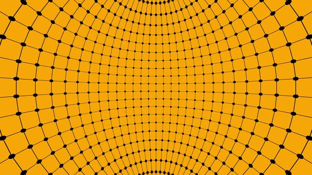 Inside rotating black sphere shell made of interconnecting square nodes suggesting modern technology, connections, virtual reality and simulation. Saffron (orange) background. 4K seamless loop