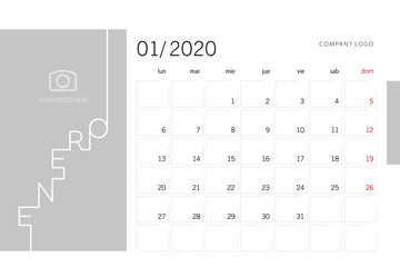 Calendar planner template for 2020 year Spanish language January with modern line design typography font grey background