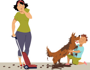 Horrified mother looking at a boy, hugging a very dirty dog, making mess everywhere, EPS 8 vector illustration