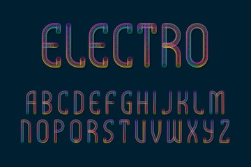 Electro alphabet of iridescent letters of shining rings. Glowing spiral font. Isolated english alphabet.
