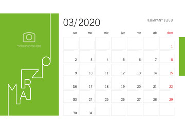 Calendar planner template for 2020 year Spanish language March with modern line design typography font green background