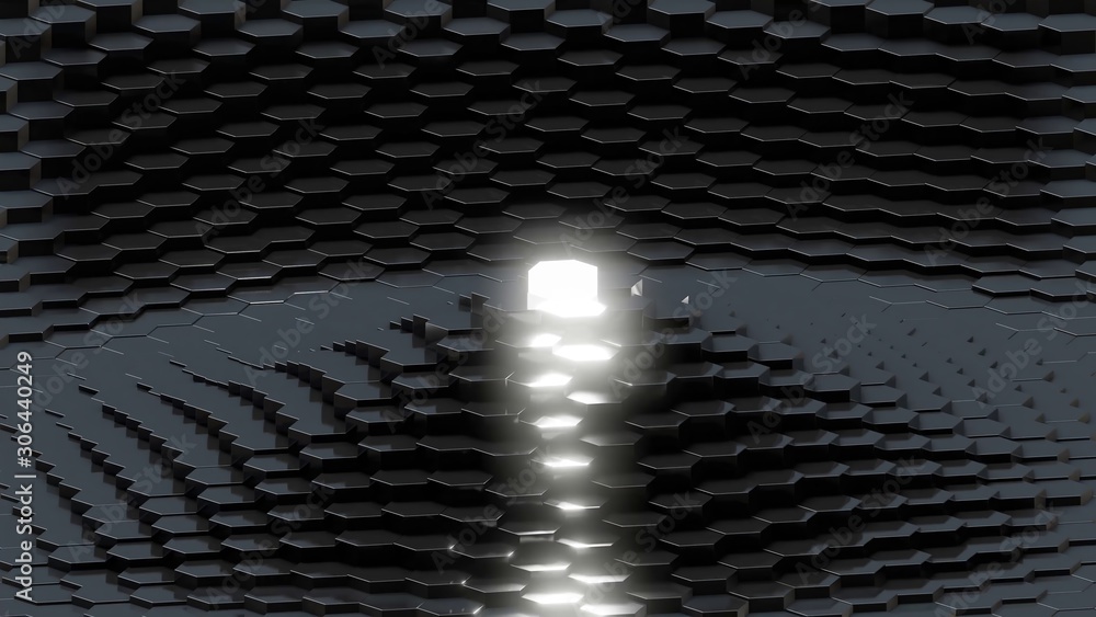 Aufkleber black hexagonal array with one glowing element in center - 3d render
