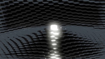 Black Hexagonal Array with One Glowing element in Center - 3D Render
