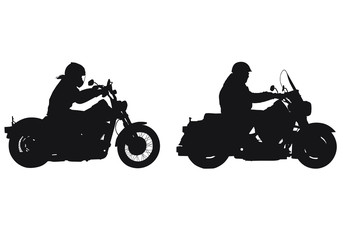 A vector silhouette of a woman riding a motorcycle and a man riding a motorcycle. © LUGOSTOCK