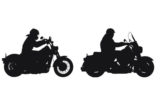 A vector silhouette of a woman riding a motorcycle and a man riding a motorcycle.