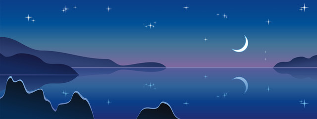 Obraz na płótnie Canvas Night landscape, midnight moon, Vector illustration