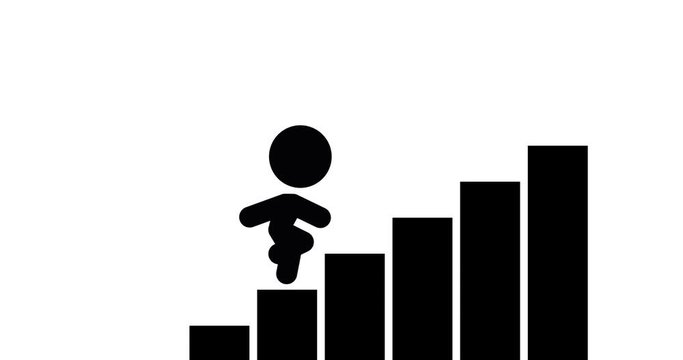 Stickman icon climbing stairs animation business career. Loop animation, cartoon, illustration, business skipping steps