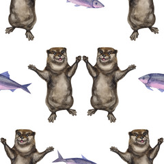 Fototapeta premium Watercolor seamless pattern with otter hand drawing decorative background. Print for textile, cloth, wallpaper, scrapbooking