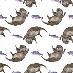 Obraz premium Watercolor seamless pattern with otter hand drawing decorative background. Print for textile, cloth, wallpaper, scrapbooking