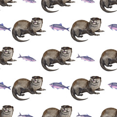 Watercolor seamless pattern with otter hand drawing decorative background. Print for textile, cloth, wallpaper, scrapbooking
