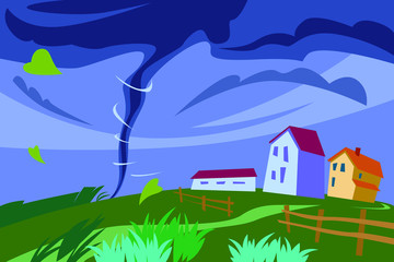 Tornado approaching the houses of farmers. Storm on the background of the countryside.