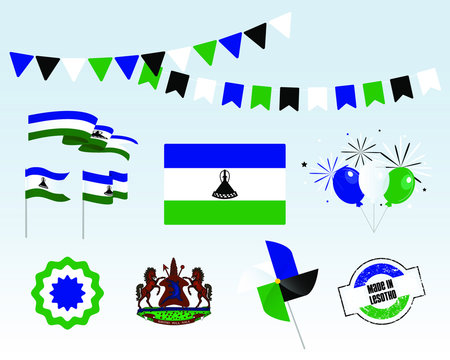 National holiday. Independence Day of Lesotho set of vector design elements, Made in Lesotho. Map, flags, ribbons, turntables, sockets. Vector symbolism, set for your info graphics. The 4th of October - Powered by Adobe