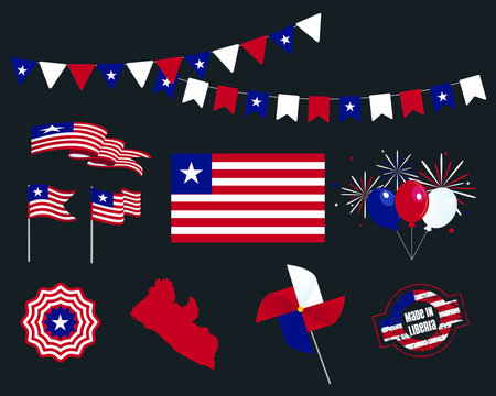 National holiday. Independence Day of Liberia set of vector design elements, Made in Liberia. Map, flags, ribbons, turntables, sockets. Vector symbolism, set for your info graphics. 26 July