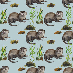 Watercolor seamless pattern with otter hand drawing decorative background. Print for textile, cloth, wallpaper, scrapbooking