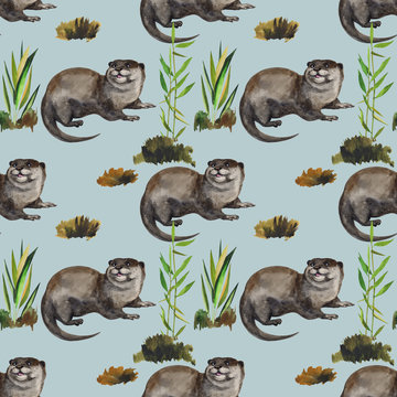 Watercolor seamless pattern with otter hand drawing decorative background. Print for textile, cloth, wallpaper, scrapbooking