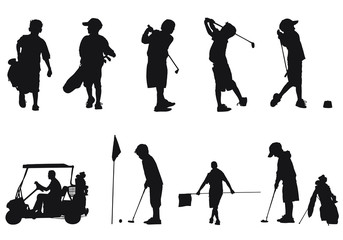 Vector silhouettes of children golfing.