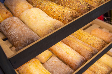 Fresh bread on the counter close-up. Bakery