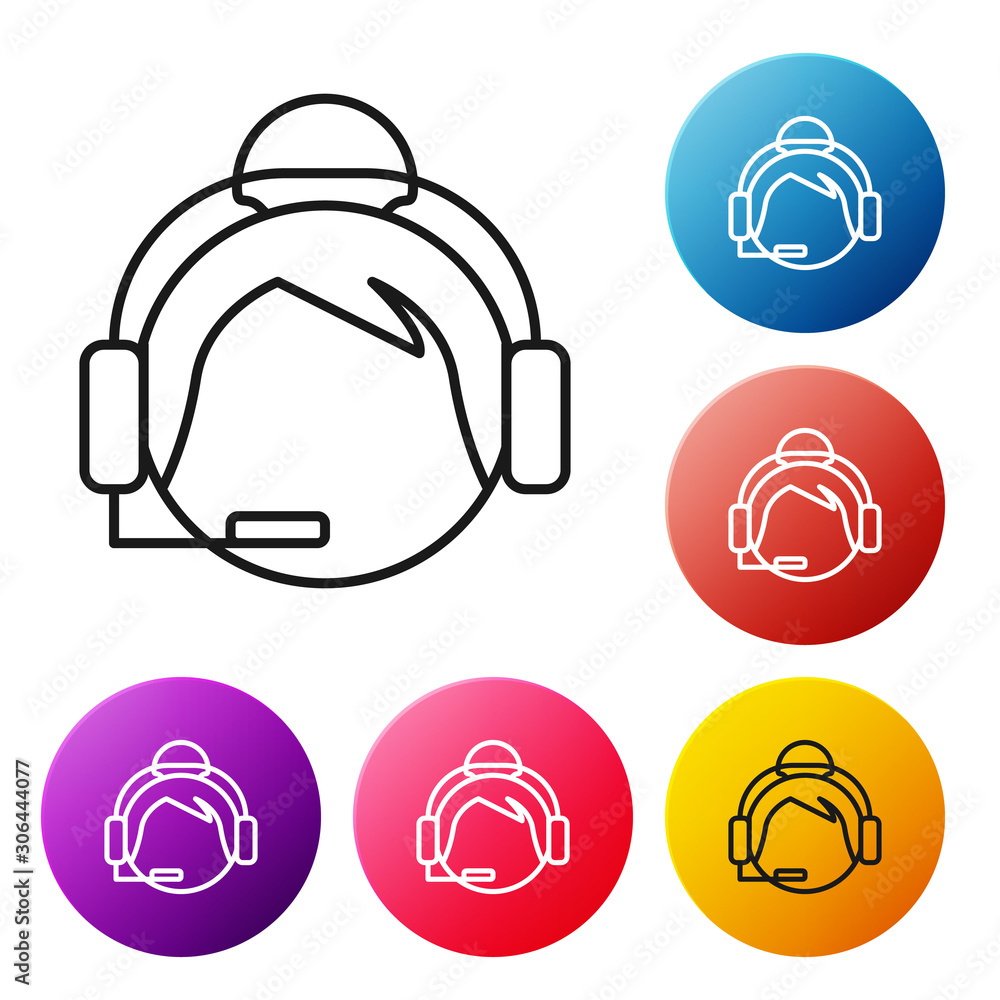 Poster black line woman with a headset icon isolated on white background. support operator in touch. concep