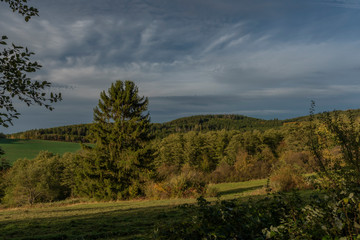 Fields pasture land and meadows in sunset evening near Besiny village