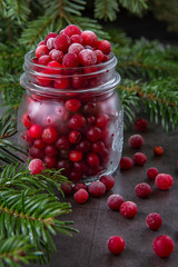 Frozen cranberry berry in a jar on the table decorated with branches of the Christmas tree....