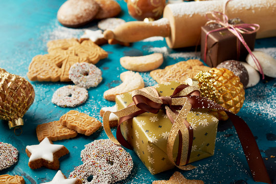 Festive Christmas baking background with cookies