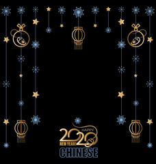 Chinese New Year. Festive garland. Concept banner. Computer mouse and 2020. Ornament elements hanging on a  black background. Vector.